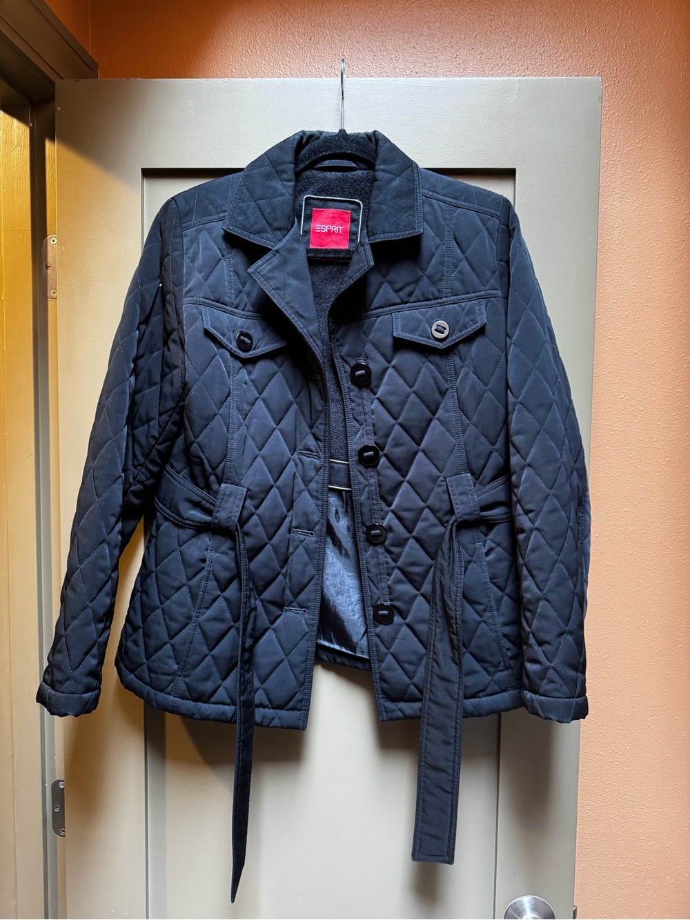 Esprit Quilted Black Belted Jacket Medium